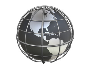 Stylized caged world with globe showing the continents of North and South America.