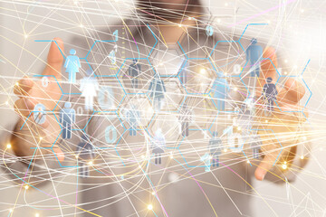 holding 3D rendering group of blue people