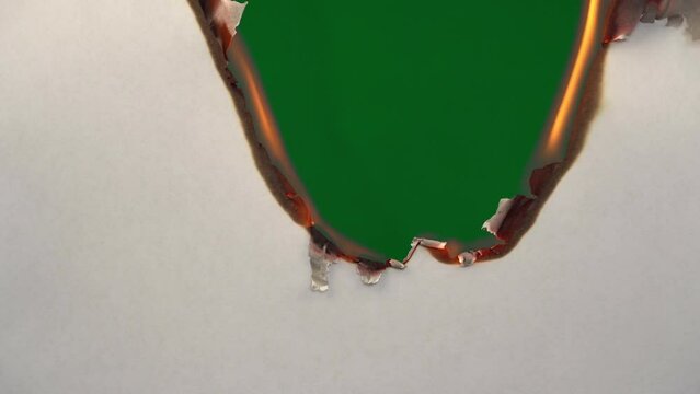 White paper burns from above on a green background copy space. The sheet of paper burns and reveals a green background for pasting.
