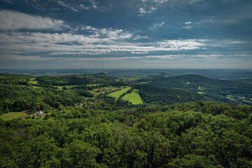 View from Varhost hill and lookout tower there for Ceske Stredohori mountains