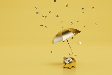 rain of gold. piggy bank under an umbrella on which dollars are pouring. 3d render