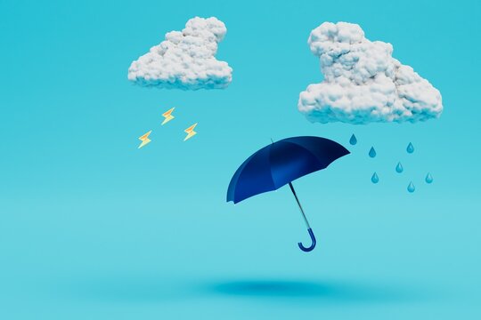 rainy weather. clouds with rain and an umbrella on a blue background. cpy paste, copy space. 3d render