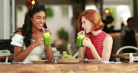 Multicultural friends toasting with green juice. Multiracial young women drinking healthy veggie...