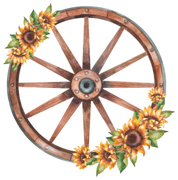 Old wooden wheel with sunflowers