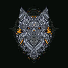 Stylized wolf in ethnic vector dark background