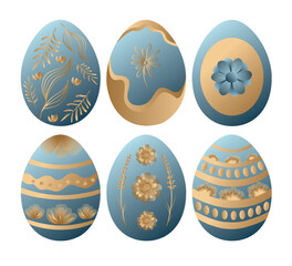 Easter vector illustration, set of colored Easter eggs. Six beautiful eggs in gradient technique. Chic Easter.