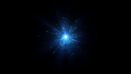 Explosion effect. Neon dotts particles. Isolated on black. Abstract background. Blue color.