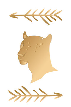 Vector, Golden leopard portrait  on a white background with arrows. Collection of contemporary art. Poster in trendy style