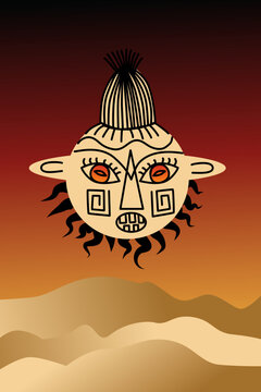 Vector, a stylish poster. African mask on the background of stylized landscape.