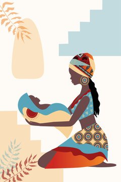 Vector, poster, Traditional African woman with a baby. Collection of contemporary art.