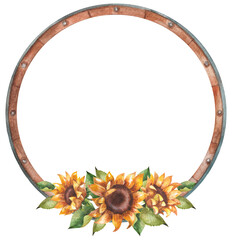 Round wooden frame with sunflowers