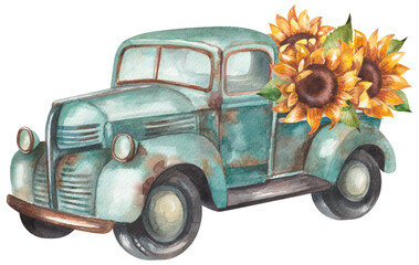 Vintage light blue pickup truck with sunflowers - obrazy, fototapety, plakaty