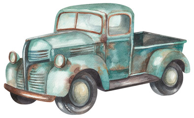 Vintage light blue pickup truck - obrazy, fototapety, plakaty