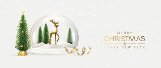 Snow globe with reindeer and christmas trees vector illustration