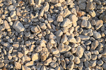 Pebble beach. Closeup of the stones on the beach near sea. Stones Texture.