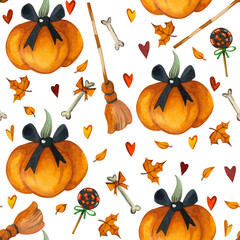 Watercolor seamless pattern for Halloween. Orange pumpkins, broom, sweets, autumn leaves hand-painted in watercolor. Ideal for wrapping paper, textiles, logo on postcards