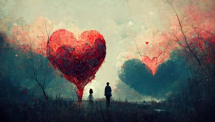 Abstract valentine picture with love couple and red heart balloon forest landscape. - obrazy, fototapety, plakaty