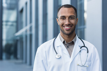 Close-up photo portrait of young African American doctor outside hospital, man in medical coat smiling and looking at camera.