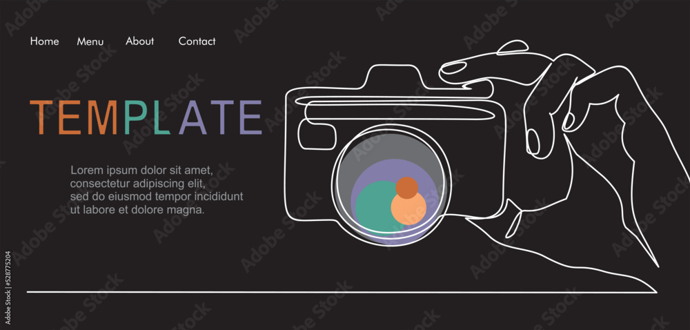 Poster vector illustration digital camera in hands - continuous line drawing with quote template.