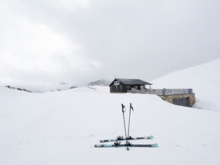 Fototapeta na wymiar ski resort with skis in the Pyrenees Mountains