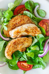 chicken breast salad tomato, vegetable, green lettuce leaves fresh healthy meal food snack diet on the table copy space food background