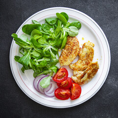 chicken breast salad tomato, vegetable, green lettuce leaves fresh healthy meal food snack diet on the table copy space food background