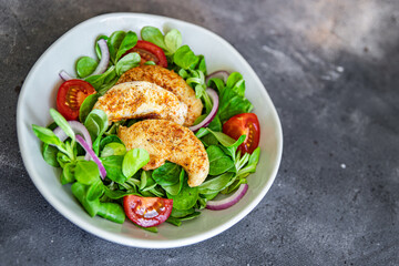 chicken breast salad tomato, vegetable, green lettuce leaves fresh healthy meal food snack diet on the table copy space food background