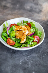 chicken breast salad tomato, vegetable, green lettuce leaves fresh healthy meal food snack diet on the table copy space food background