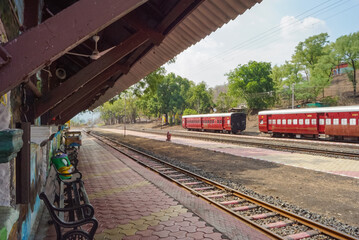 Platform at railway station of mountain village Kalakund near Mhow, Indore, Madhya Pradesh on a...
