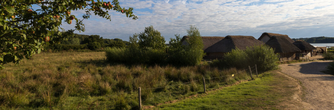 Panoramic view to reconstructed viking houses in Hedeby