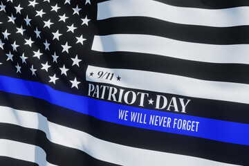 American flag with police support symbol Thin blue line. Remembering, memories on fallen people on...