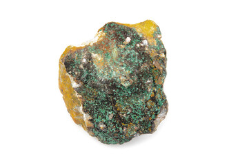 A piece of the raw mineral malachite of a yellow tint with a greenish coating
