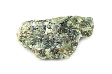 A fragment of an untreated greenish mineral olivine with black inclusions