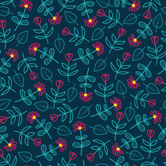 Artistic hand drawn vector seamless floral ditsy pattern design. Stylish repeating blooming flower texture background suitable for printing & textile