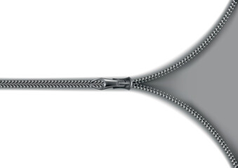 Zipper open background. Half opened flat isolated metalic zipper on gray background. Accessory or clothes element. Vector design illustration © designer_things