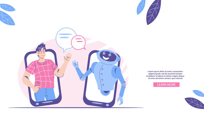 Customers support page of website banner, flat vector illustration. Support from an AI assistant and robotic chatbot, FAQ concept for webpage.