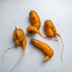 Some misshapen and twisted carrots that are still edible and tasty