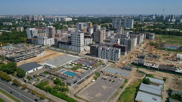 Drone aerial view cityscape modern building Residential complex Nice town. Construction of residential premises. Kyiv capital of Ukraine