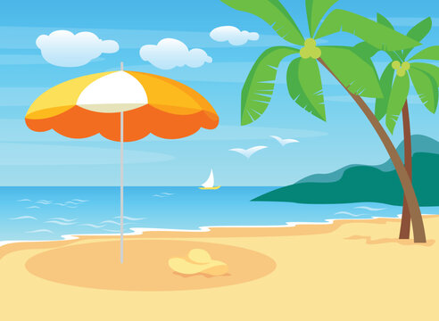 The beach in the evening sunset. Beautiful landscape, sea with palm trees, setting sun and umbrella. flat illustration