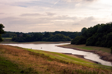 View of Bewl Water in late summer on a cloudy afternoon, Kent, England