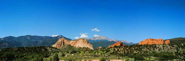 Panoramic view of Rock formations at the entrance of the Garden of the Gods in Colorado Springs, Colorado