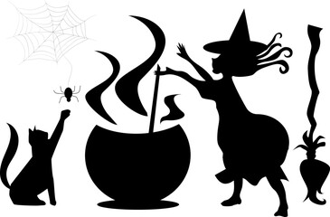 witch brews a magic potion and conjures at the cauldron