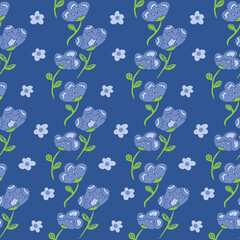 Vector seamless pattern with decorative blue flowers. Beautiful design with flowers.