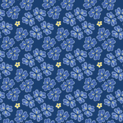 Vector seamless pattern with blue flowers. Hand drawn design with decorative flowers.