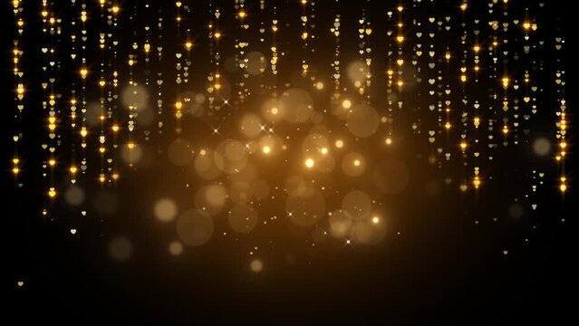 golden luxury background 4k animation, glowing and shiny stars and hearts falling, bokeh particles ,event and concert background, valentines and love romantic template