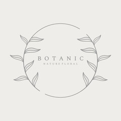 Fototapeta na wymiar Natural botanical logo organic template vector design with leaves, flowers, stems. With minimalist outline, elegant.Suitable for beauty, badge,wedding and business.