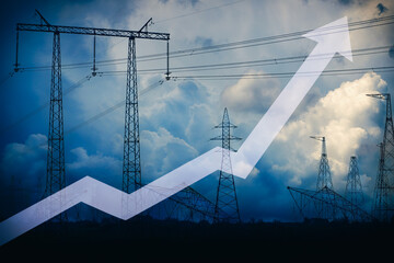 Rising up arrow against power line silhouette and stormy sky. Electricity price growth. Energy...