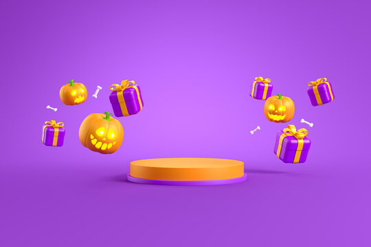 Happy Halloween with podium display and Jack-o-Lantern pumpkins and gift boxes on purple background, traditional october holiday, 3d rendering.