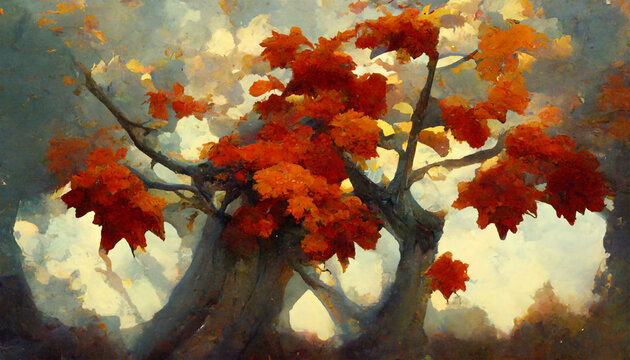 Maple trees autumn colorful leaves canada painting cloudy sky