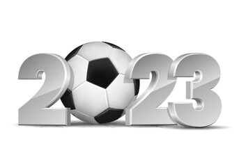 New Year numbers 2023 with soccer ball isolated on white background.